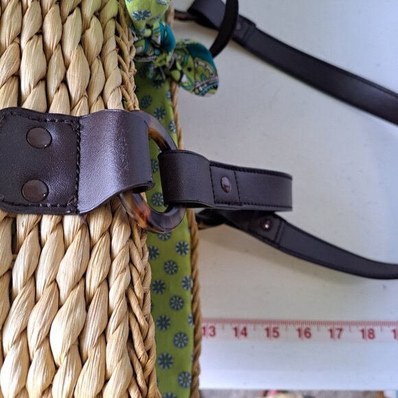 VERA BRADLEY Peacock Straw Tote Beach Pool Turquoise Green Seashells 2 Handles - Picture 6 of 15